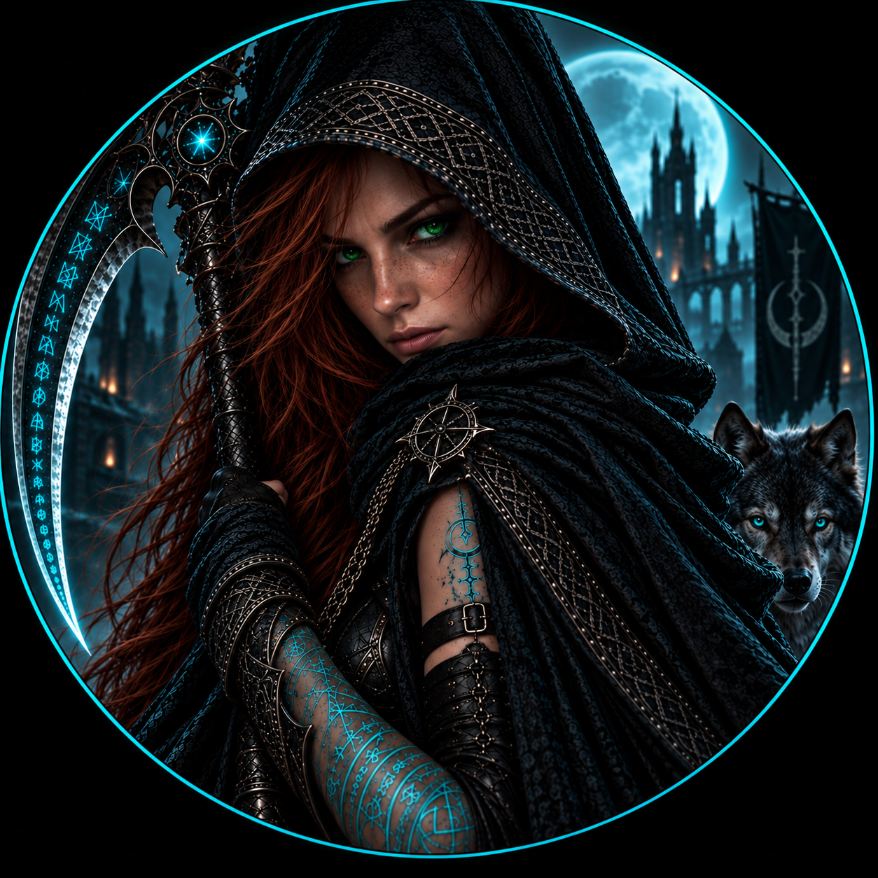 Alexandra Takar, a hooded red-haired fantasy character with a glowing scythe and a wolf beneath a blue moon